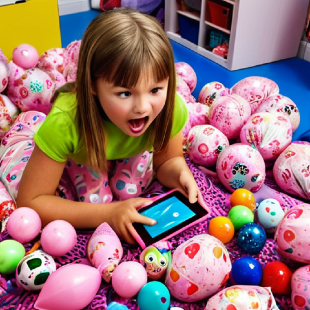 **

A vibrant, chaotic scene in a child's playroom. LOL Surprise! dolls are scattered amongst piles of colorful plastic packaging. A young girl, around 8 years old, is excitedly unboxing a new LOL Surprise! ball, with a tablet or phone showing a YouTube unboxing video in the background. The overall impression should be one of excitement and slightly overwhelming consumerism, hinting at the environmental impact. Capture the look of "hygge" (coziness) clashing with plastic waste.

**