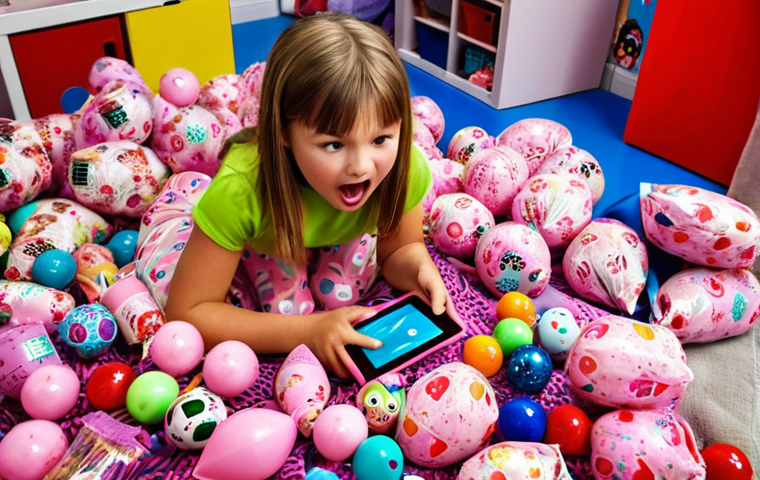 **
A vibrant, chaotic scene in a child's playroom. LOL Surprise! dolls are scattered amongst piles of colorful plastic packaging. A young girl, around 8 years old, is excitedly unboxing a new LOL Surprise! ball, with a tablet or phone showing a YouTube unboxing video in the background. The overall impression should be one of excitement and slightly overwhelming consumerism, hinting at the environmental impact. Capture the look of "hygge" (coziness) clashing with plastic waste.
**